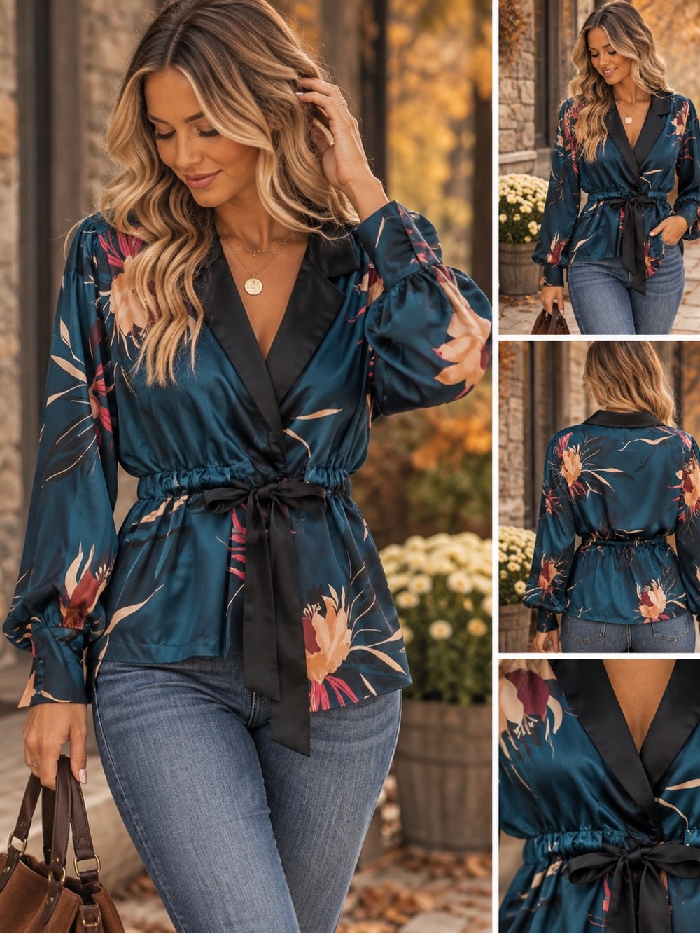 Zara Teal Floral Satin Wrap Blouse